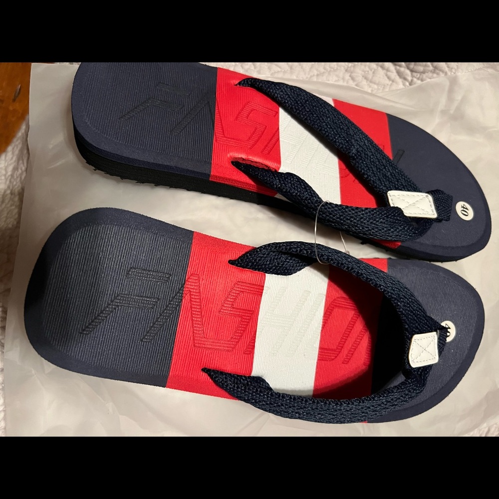 Patriotic red white and blue flip flops.